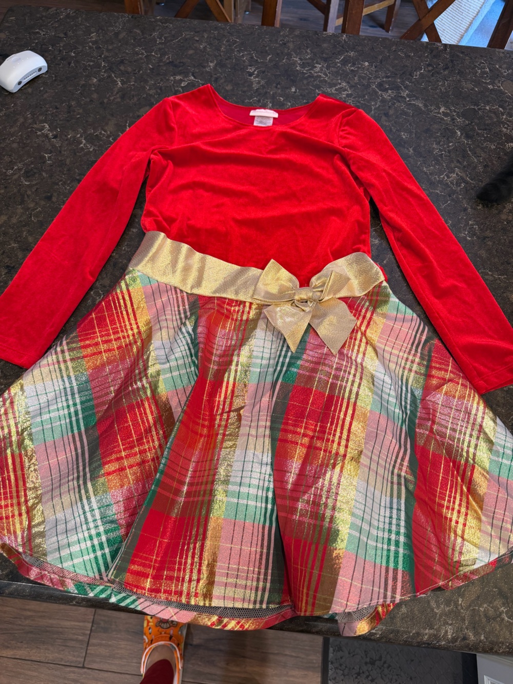 Bonnie Jean Red Velvet Dress with Gold Trim